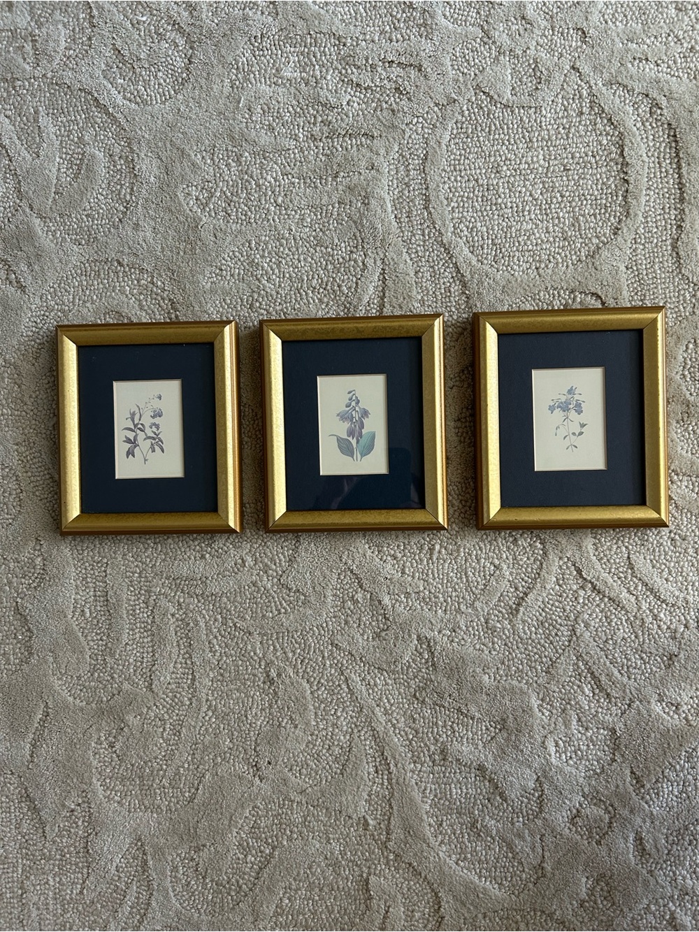 Vtg Golden Framed Matted Floral Prints Set 3 Miniature Art Flowers Botanical